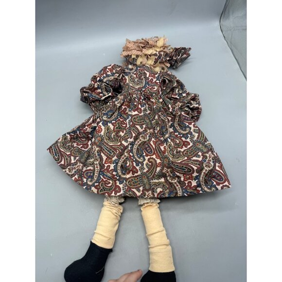 Vintage Handmade Rag Doll Paisley Dress & bow ribbon 25" brown READ - Picture 9 of 9